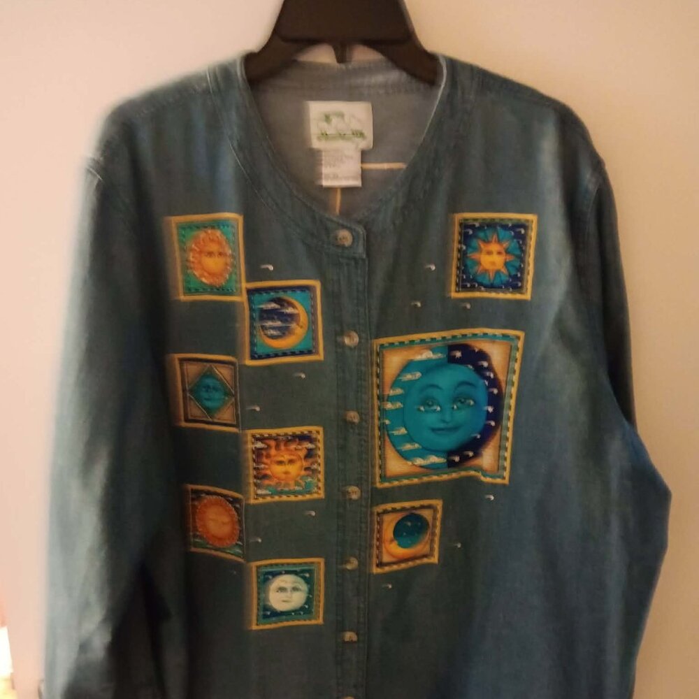 Quacker Factory woman's button-down denim shirt with moon & stars 2X